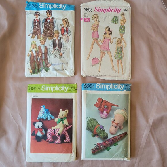 Vintage 60’s & 70’s Simplicity Sewing Patterns Lot of 4.  2 Stuffed Animal, Vest - Picture 1 of 6